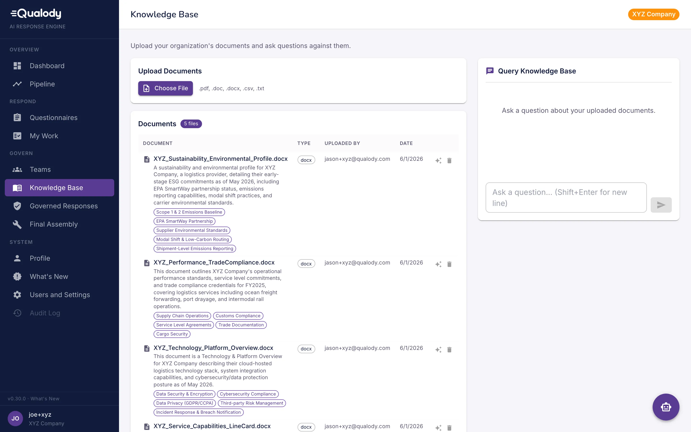 Qualody knowledge base of uploaded company documents with a query panel