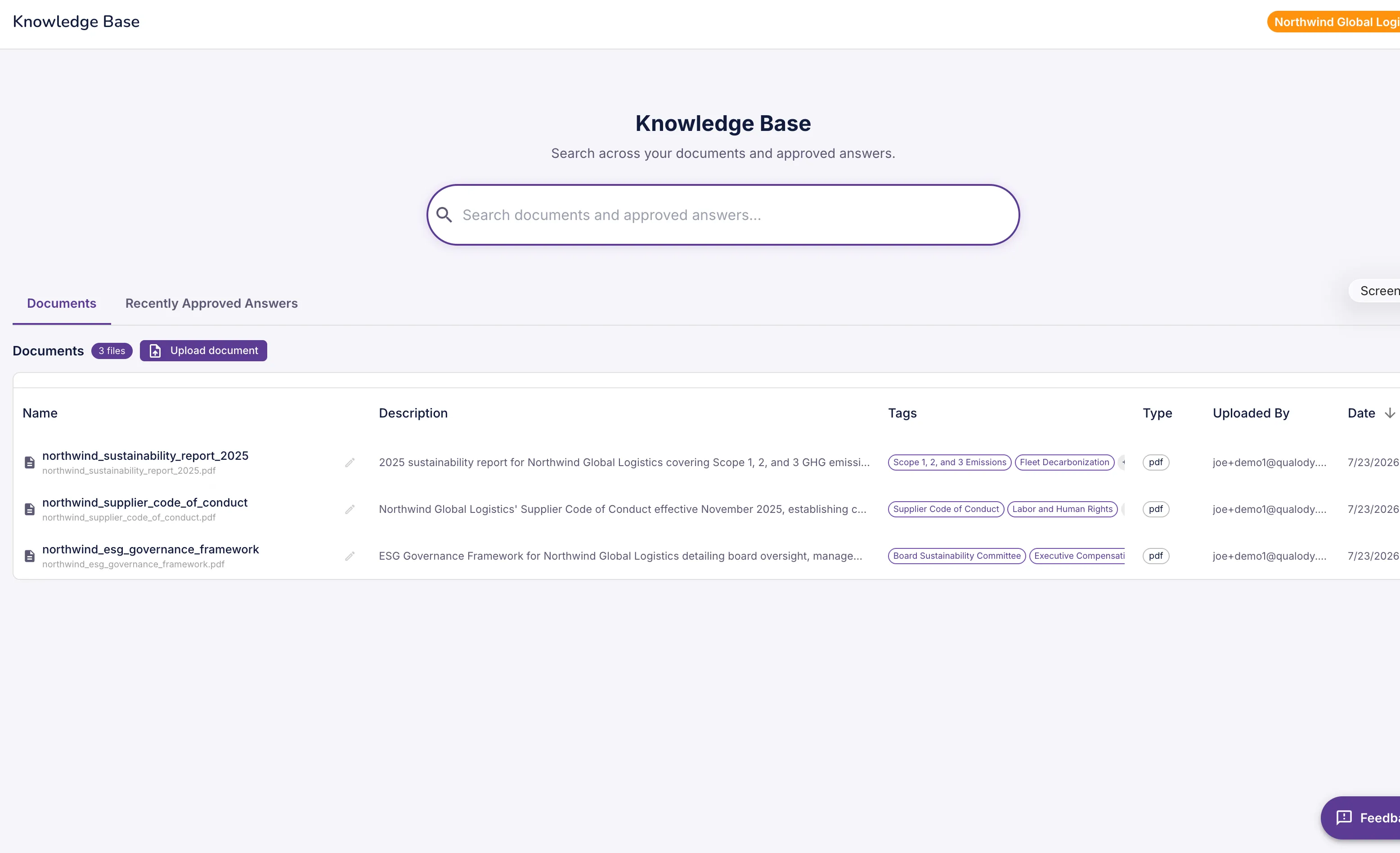 Qualody knowledge base of uploaded company documents