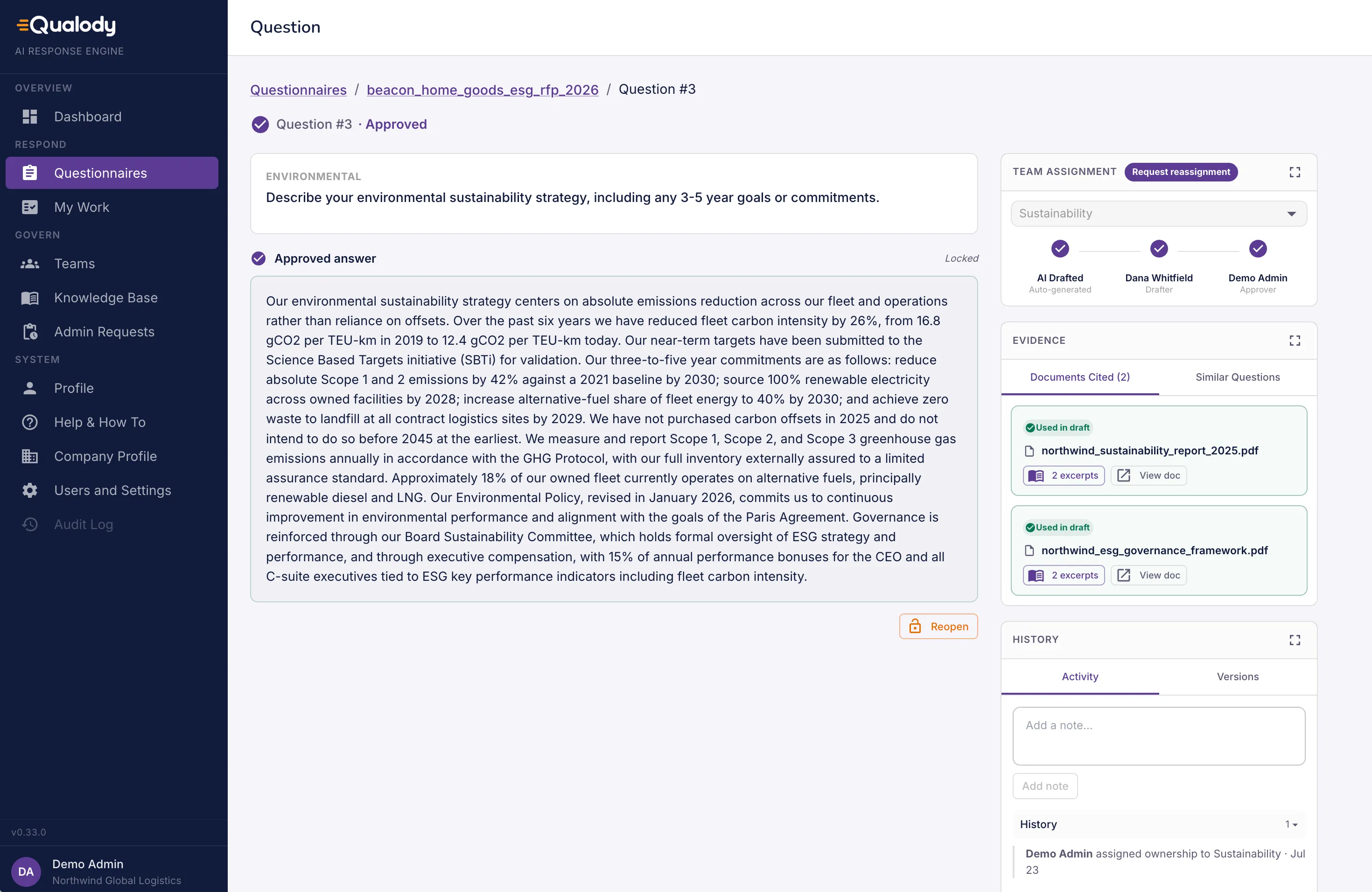 Qualody question detail showing a drafted answer with its cited source documents