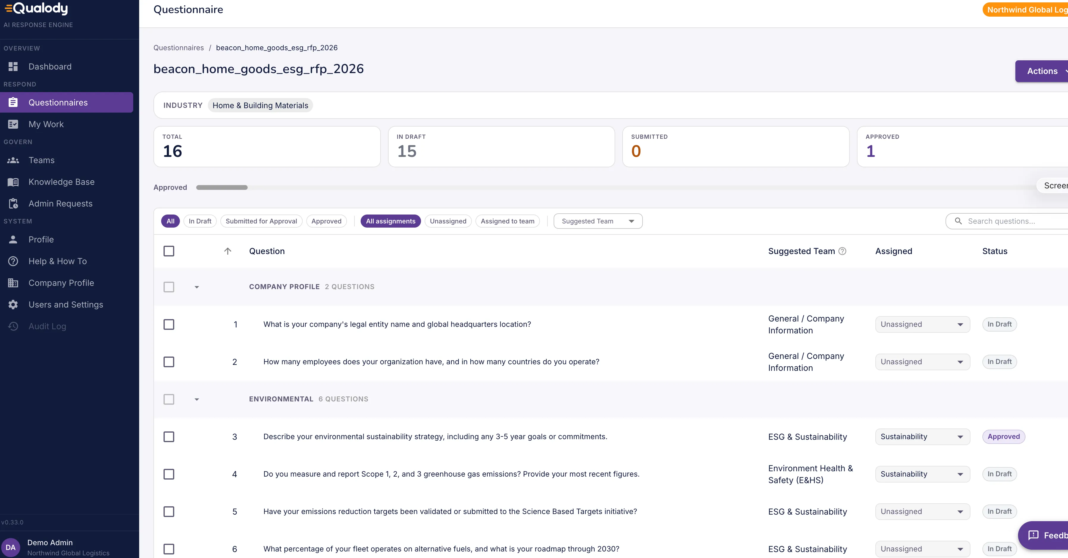 Qualody questionnaire detail listing every question extracted from the uploaded RFP
