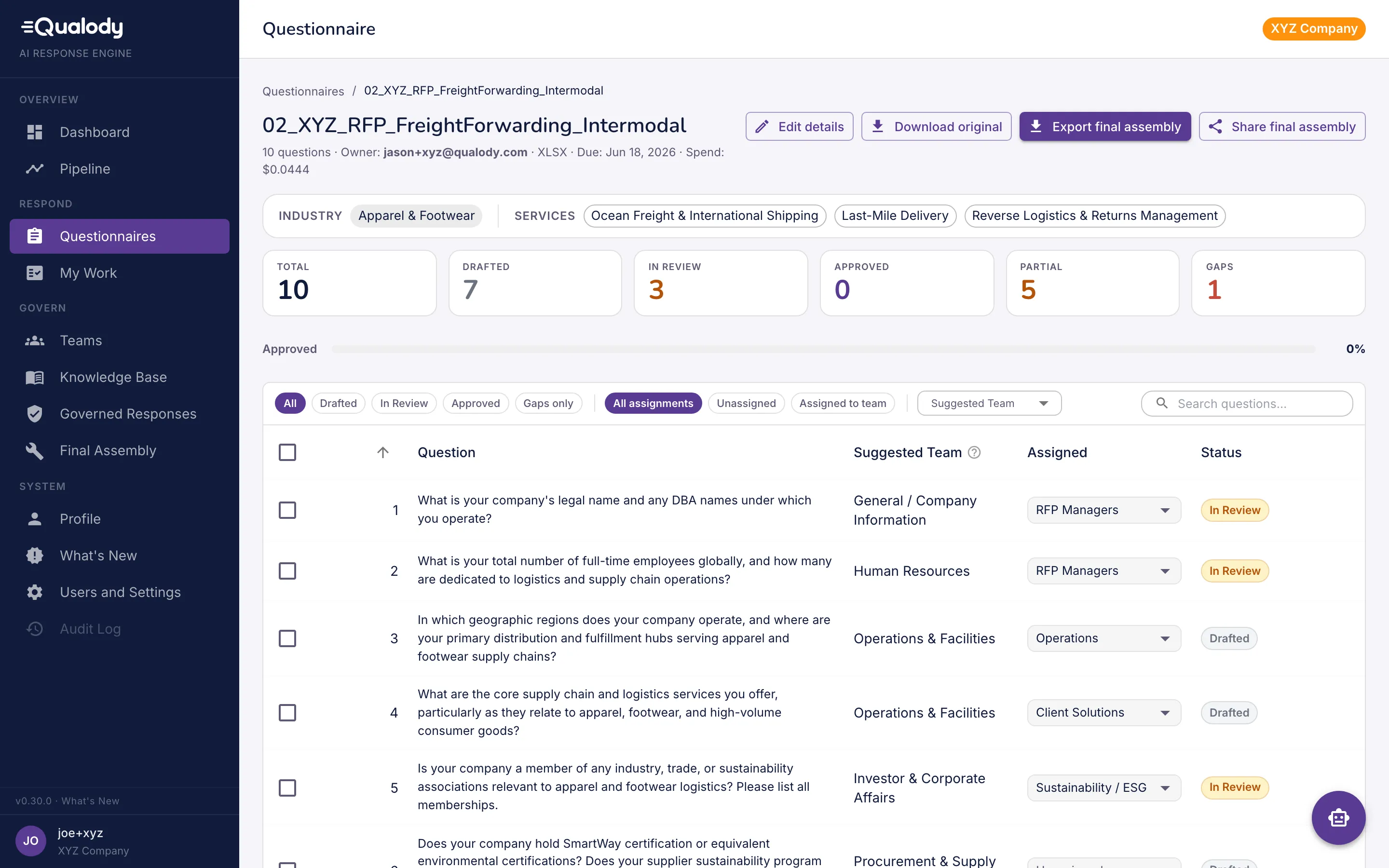 Qualody questionnaire detail listing every question extracted from the uploaded RFP